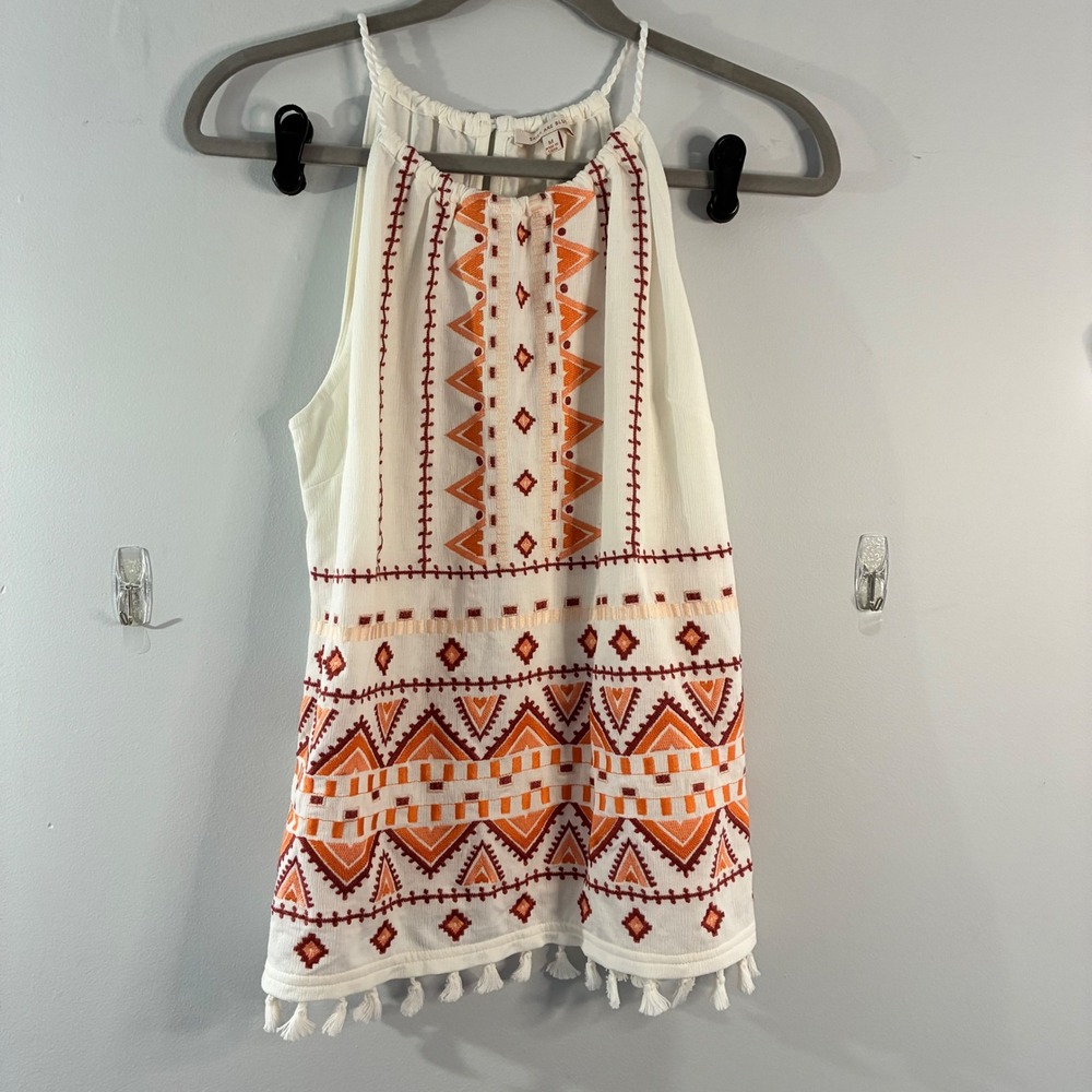 Skies Are Blue Embroidered Halter‎ Top Tassel Boho Festival Women's Size M
